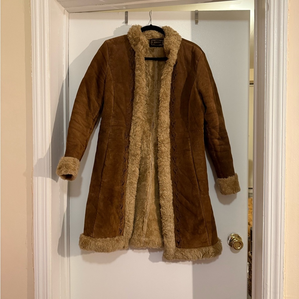 Guess Tan Y2K Suede Jacket with Faux Fur Trim